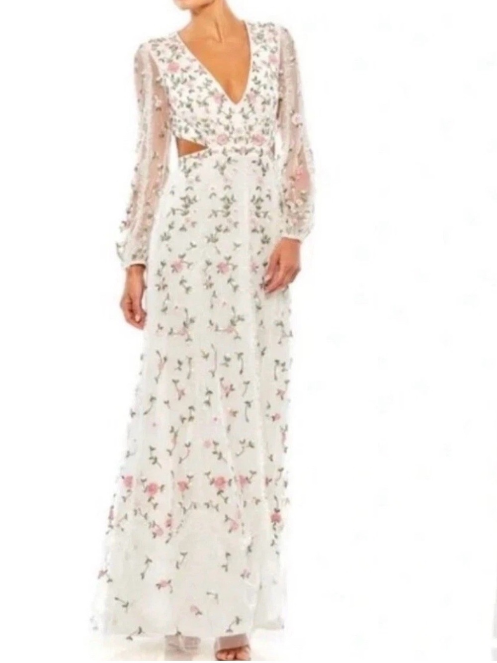 Mac Dugal Floral Embroidered V-Neck White Maxi Dress Size 14 New